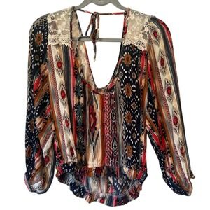 Gimmicks Boho Lace Peasant Blouse Small Southwestern Print Hippie Top